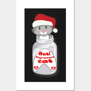 Antidepressant Cat Wearing Christmas Hat Posters and Art